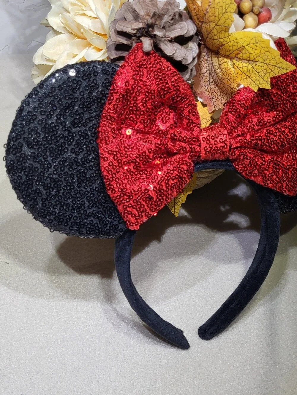 Disney Inspired NWOT Black Sequin Minnie Mouse Ears with Red Bow - Headband - Picture 3 of 4